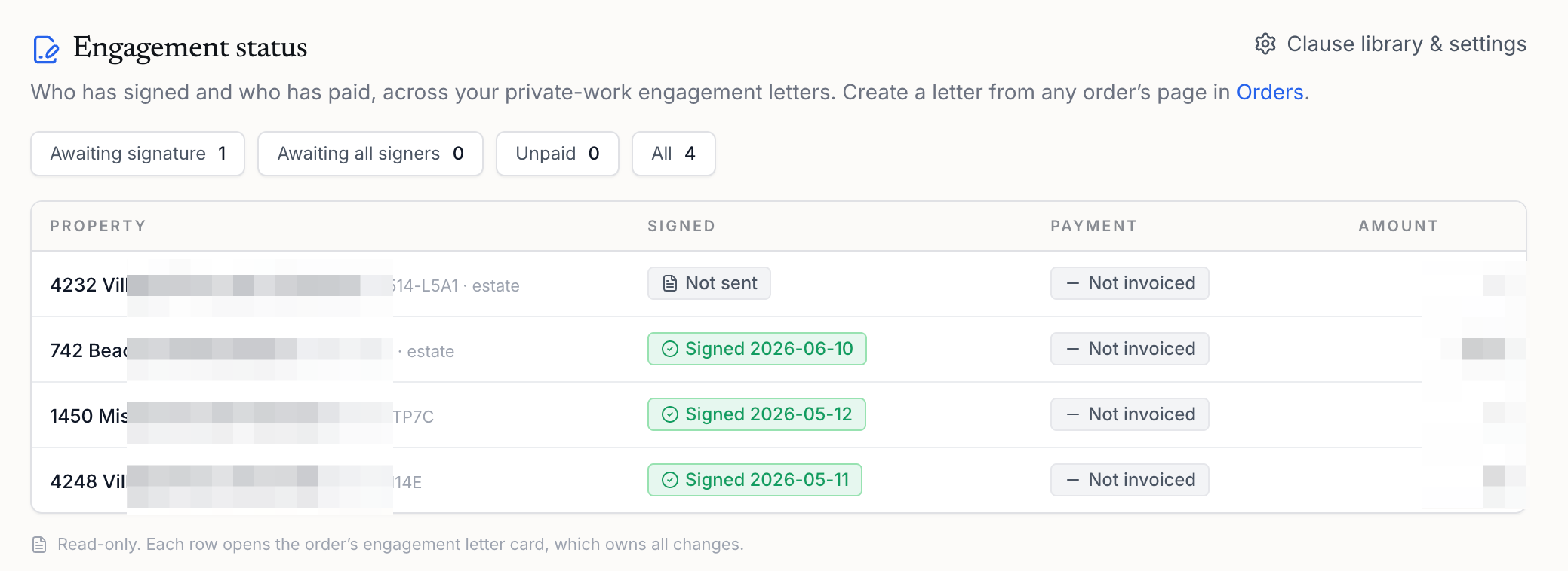 Engagement Letter Studio: a private-work engagement letter assembled from the order